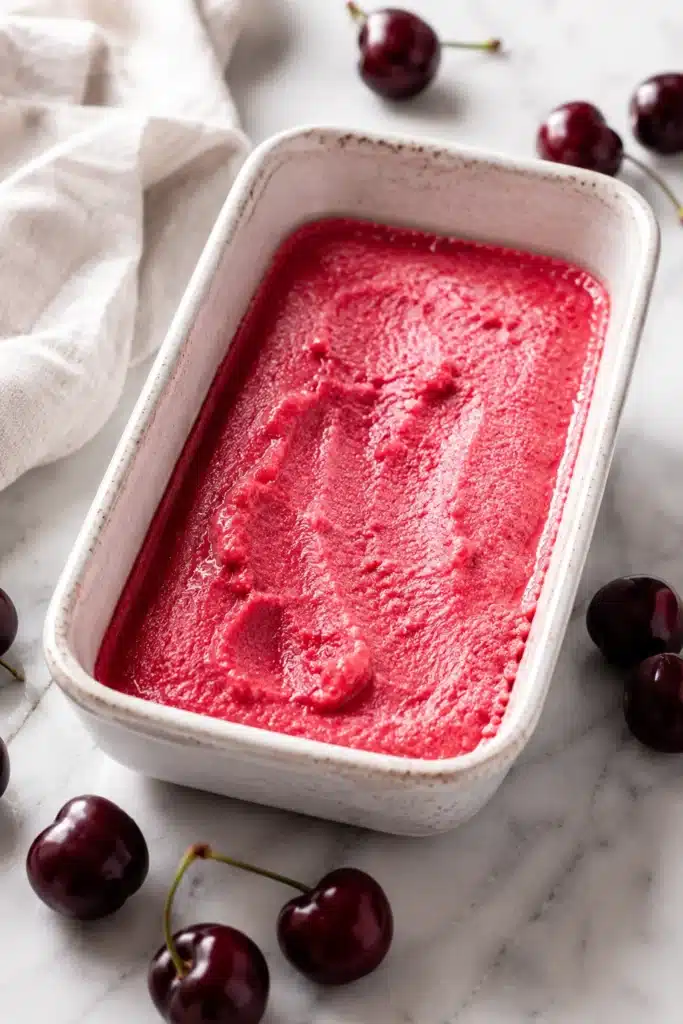 Fresh Cherry Sorbet frozen in a storage container with cherries