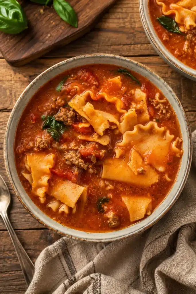 Gluten Free Lasagna Soup with tender noodles, savory meat, spinach, and rich tomato broth