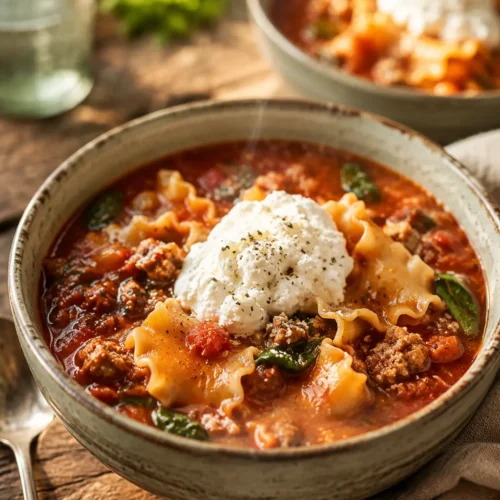 Gluten Free Lasagna Soup with ricotta cheese, tender noodles, and rich tomato broth in a rustic bowl.