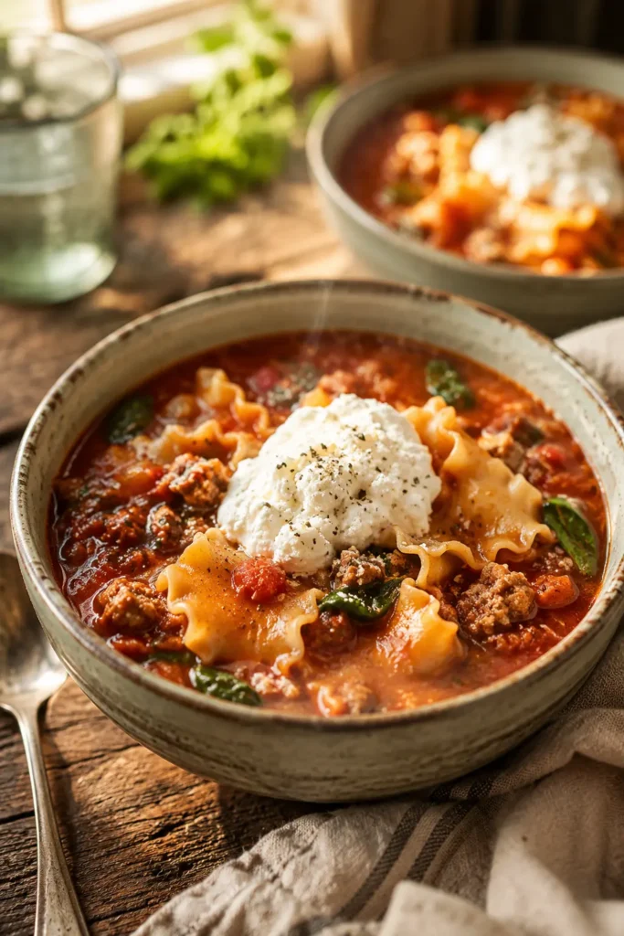 Gluten Free Lasagna Soup with ricotta cheese, tender noodles, and rich tomato broth in a rustic bowl.
