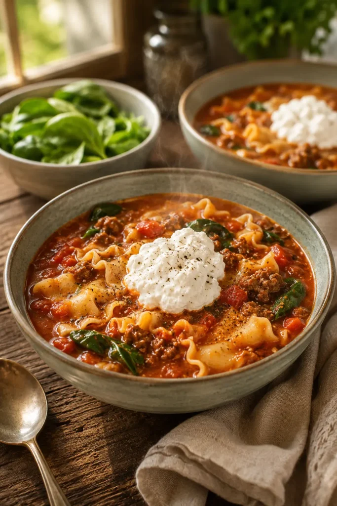 Gluten Free Lasagna Soup topped with creamy ricotta and tender noodles in a rustic bowl