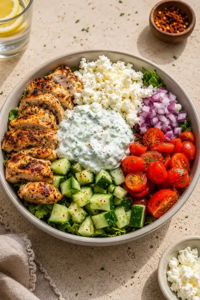 Greek Chicken Bowls with grilled chicken, feta cheese, cucumber, tomatoes and tzatziki