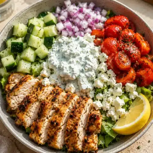 Greek Chicken Bowls with grilled chicken, feta cheese, fresh vegetables, and creamy tzatziki