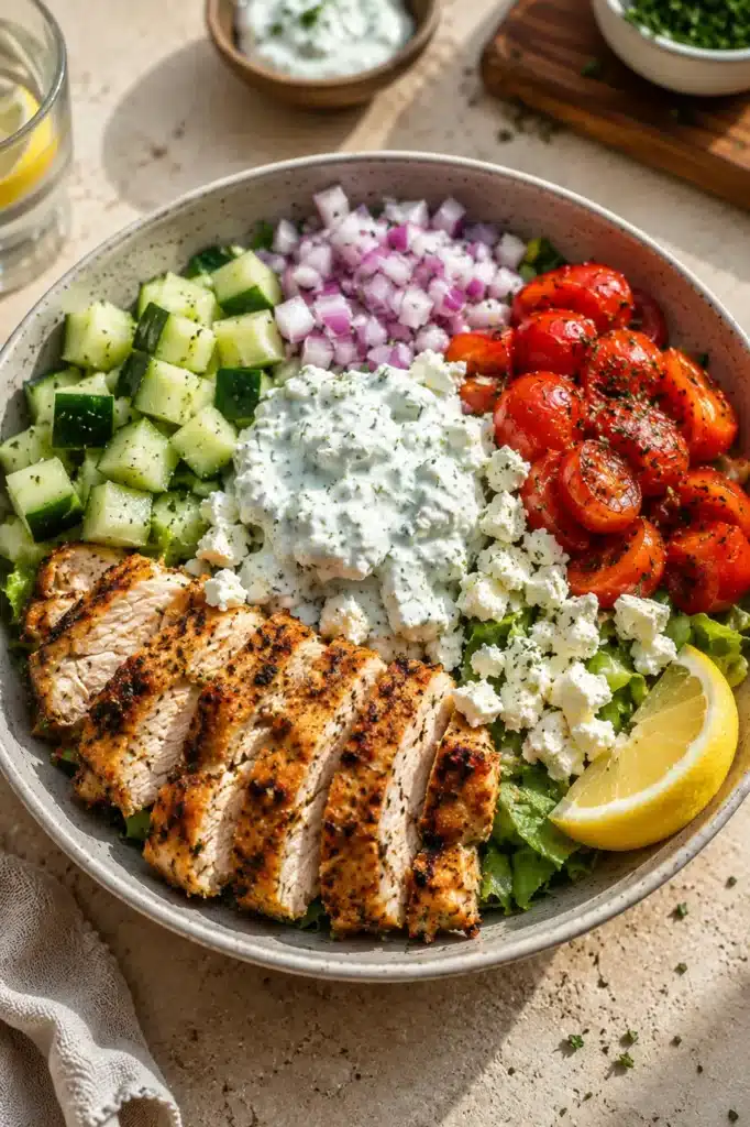 Greek Chicken Bowls with grilled chicken, feta cheese, fresh vegetables, and creamy tzatziki