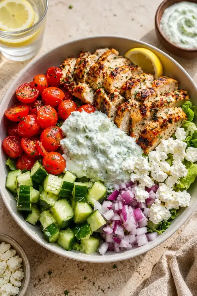 Greek Chicken Bowls with grilled chicken, feta cheese, vegetables and creamy tzatziki