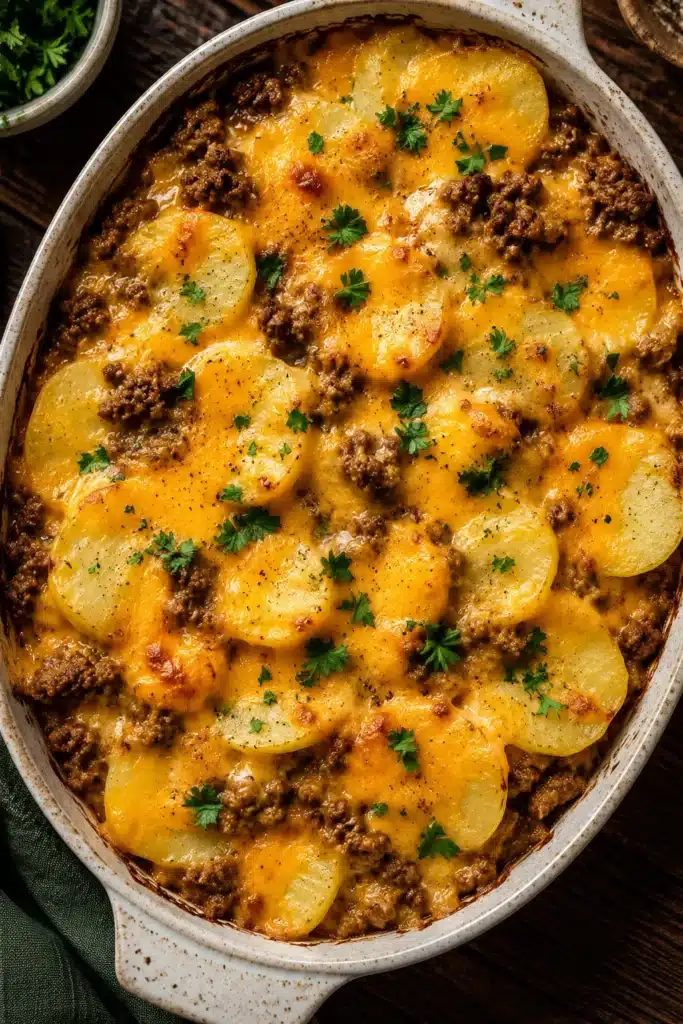 Hobo Casserole Ground Beef Recipe with melted cheddar cheese and sliced potatoes