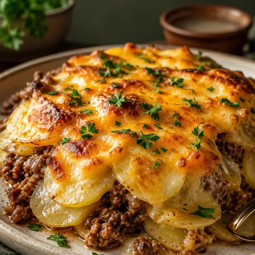 Hobo casserole with ground beef, potatoes, melted cheddar cheese, and parsley garnish