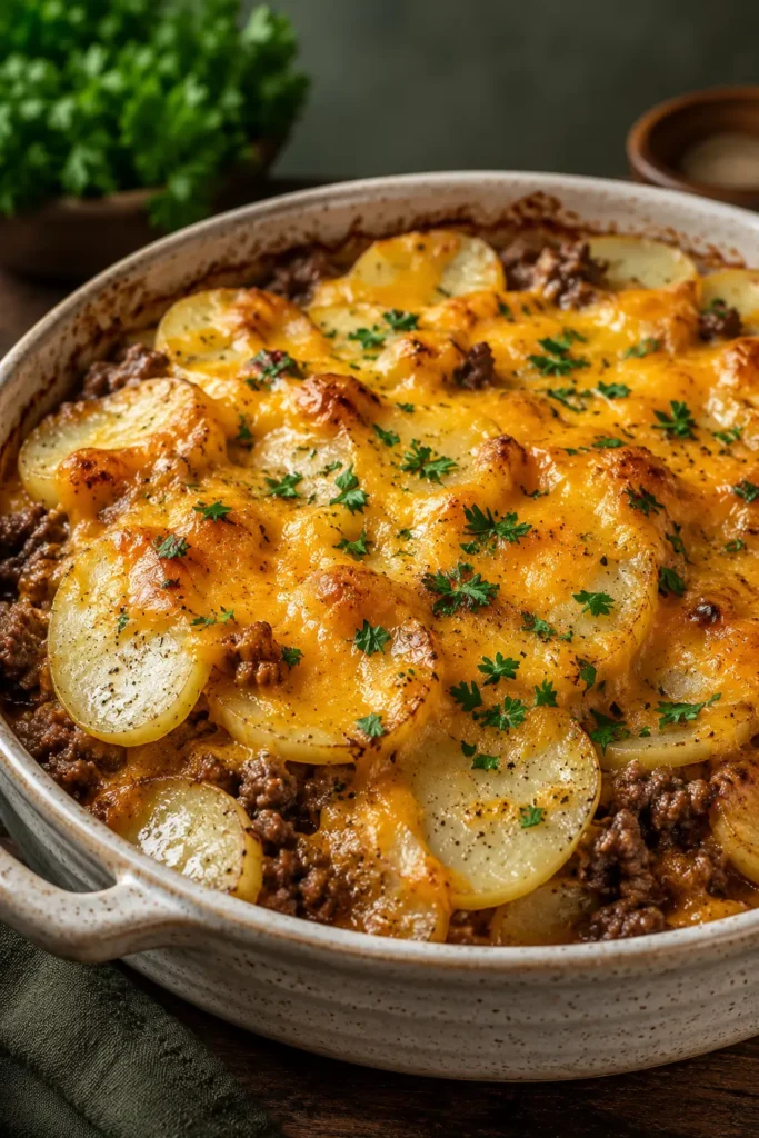 Hobo Casserole Ground Beef Recipe with cheesy potatoes and seasoned beef
