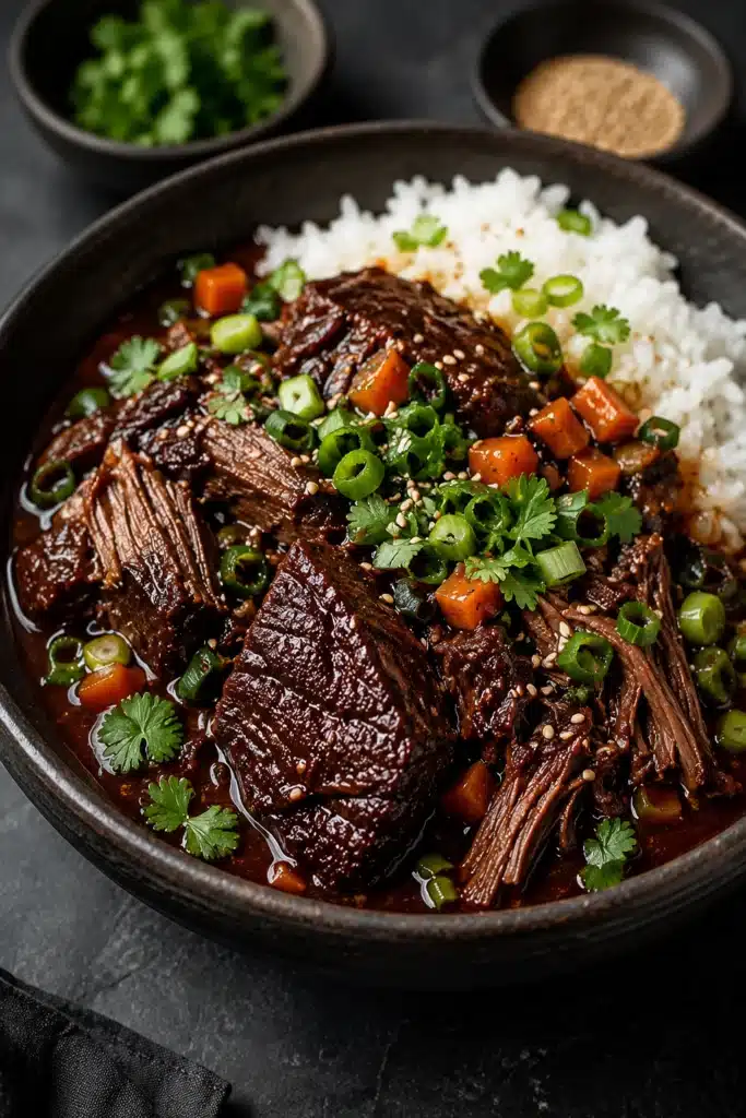 Korean Style Pot Roast served with rice, scallions, and rich braising sauce