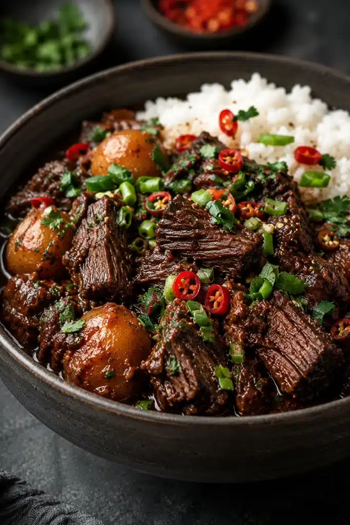 Korean Style Pot Roast with tender braised beef, rice, potatoes, and fresh scallion garnish