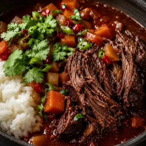 Korean Style Pot Roast with shredded beef in rich braising sauce over rice