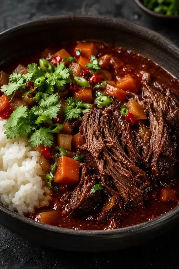 Korean Style Pot Roast with shredded beef in rich braising sauce over rice