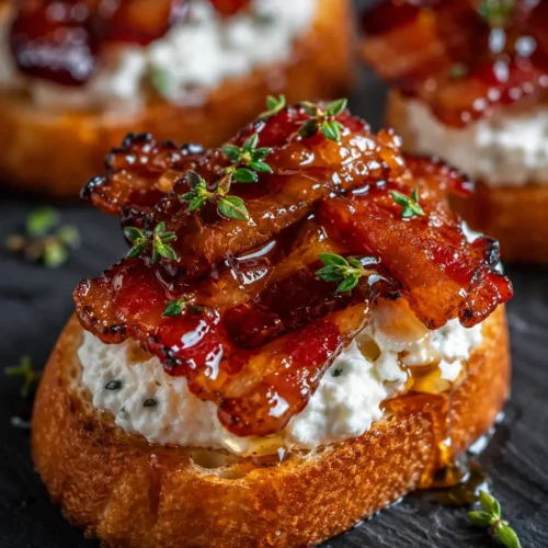 Million Dollar Bacon Crostini with crispy caramelized bacon and creamy goat cheese
