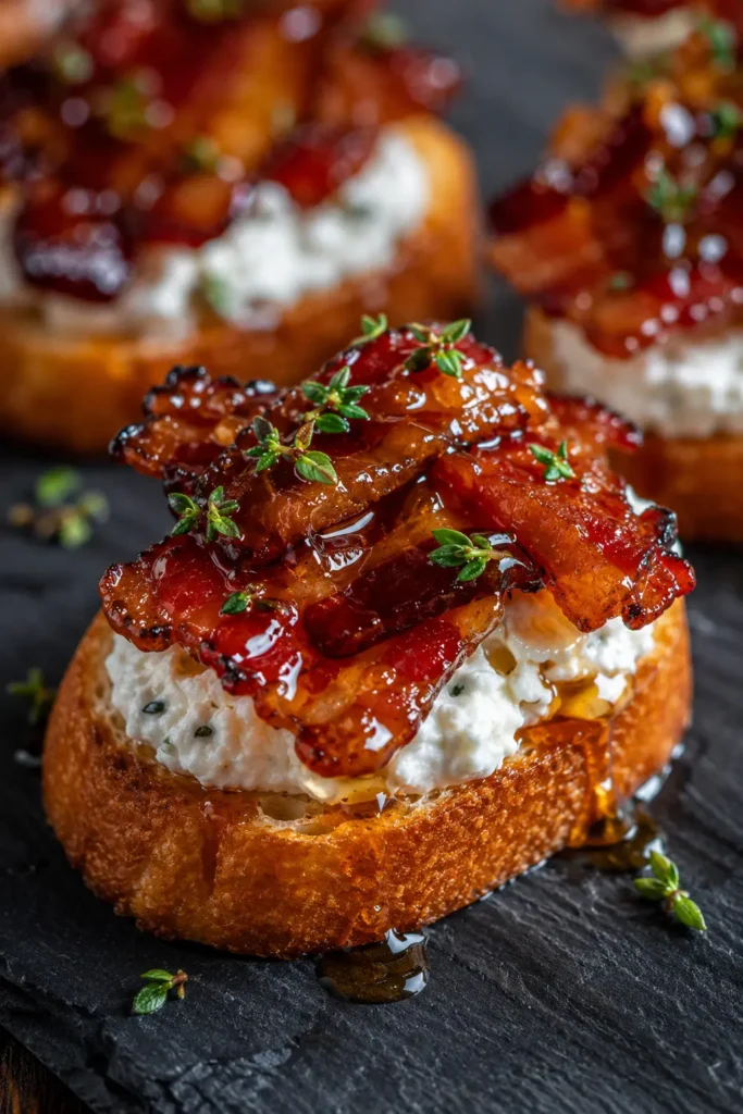 Million Dollar Bacon Crostini with crispy caramelized bacon and creamy goat cheese