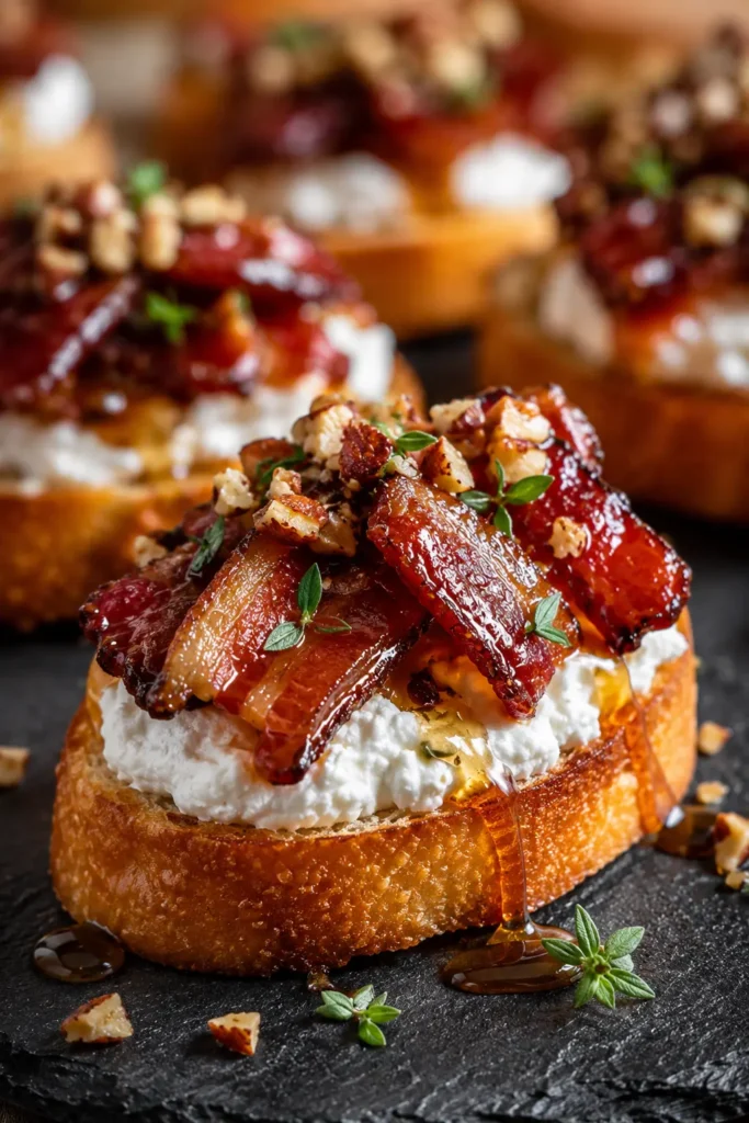 Million Dollar Bacon Crostini with goat cheese, candied bacon, and honey drizzle