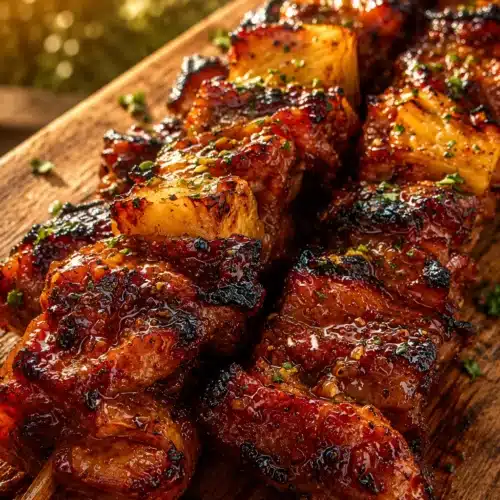 Pineapple BBQ Pork Skewers with glossy BBQ glaze and grilled pineapple