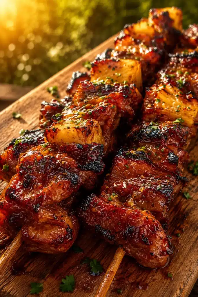 Pineapple BBQ Pork Skewers with glossy BBQ glaze and grilled pineapple