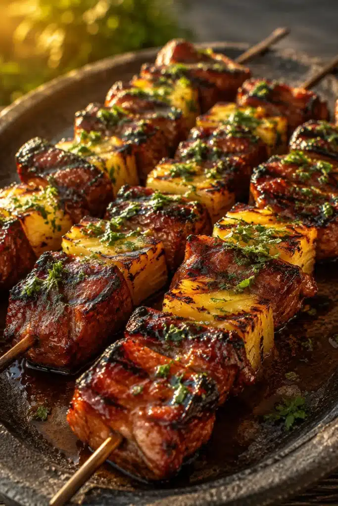 Pineapple BBQ Pork Skewers with grilled pineapple and smoky BBQ glazed pork