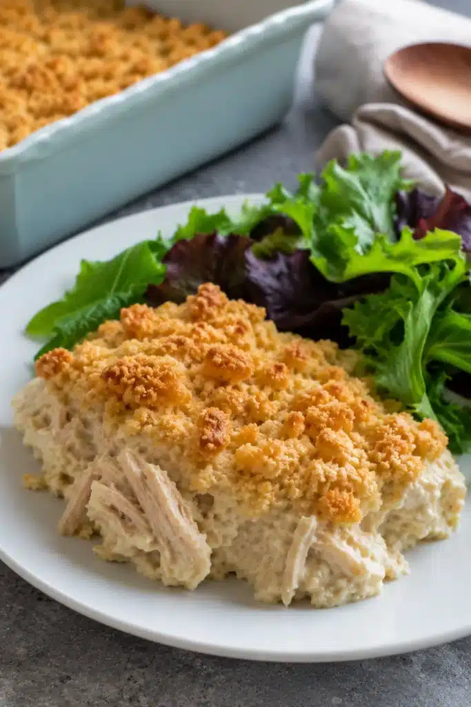 Ritz Cracker Chicken Casserole served with fresh green salad on a white plate
