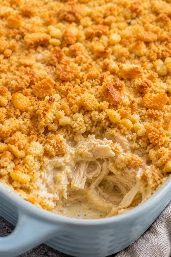 Close up of Ritz Cracker Chicken Casserole with crispy buttery cracker topping