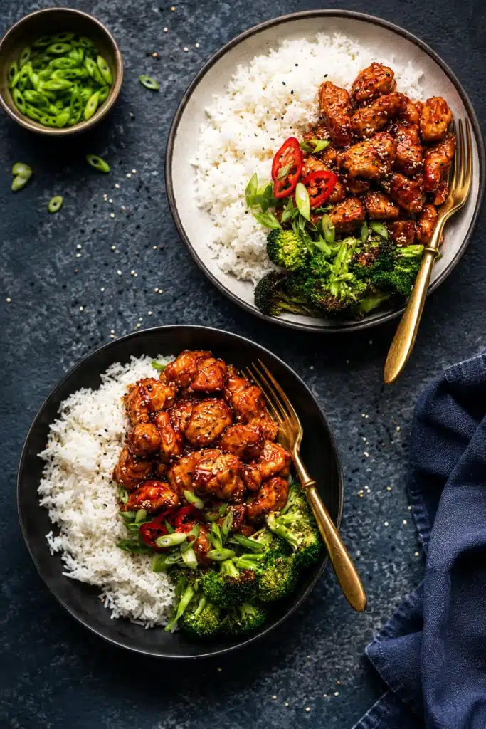 Sticky Sesame Chicken with rice and roasted broccoli served in two bowls