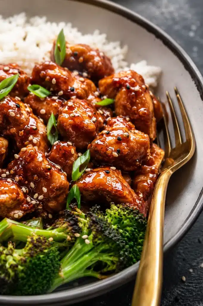 Close-up of Sticky Sesame Chicken with sesame glaze and broccoli