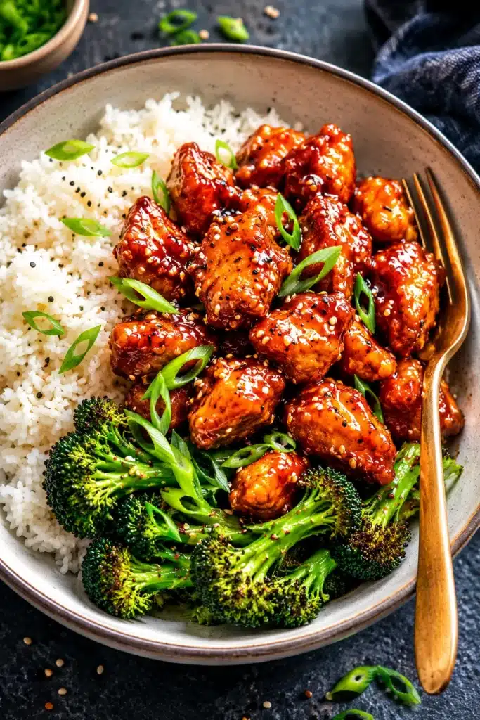 Sticky sesame chicken with rice and roasted broccoli in a bowl topped with sesame seeds and green onions