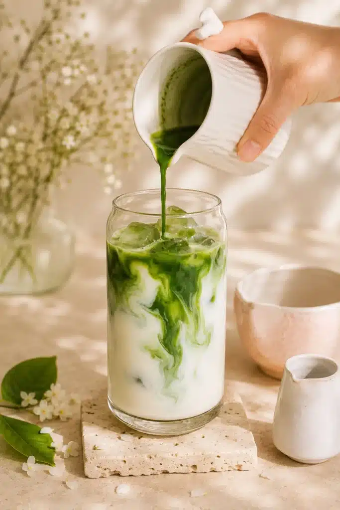 Strawberry Matcha Latte base with matcha being poured into iced milk