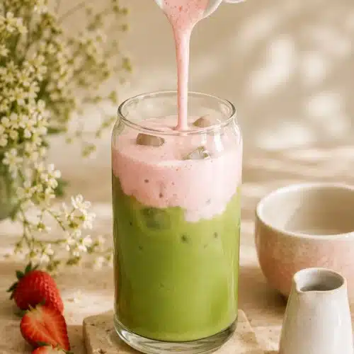 Strawberry Matcha Latte with pink strawberry cream being poured over iced matcha