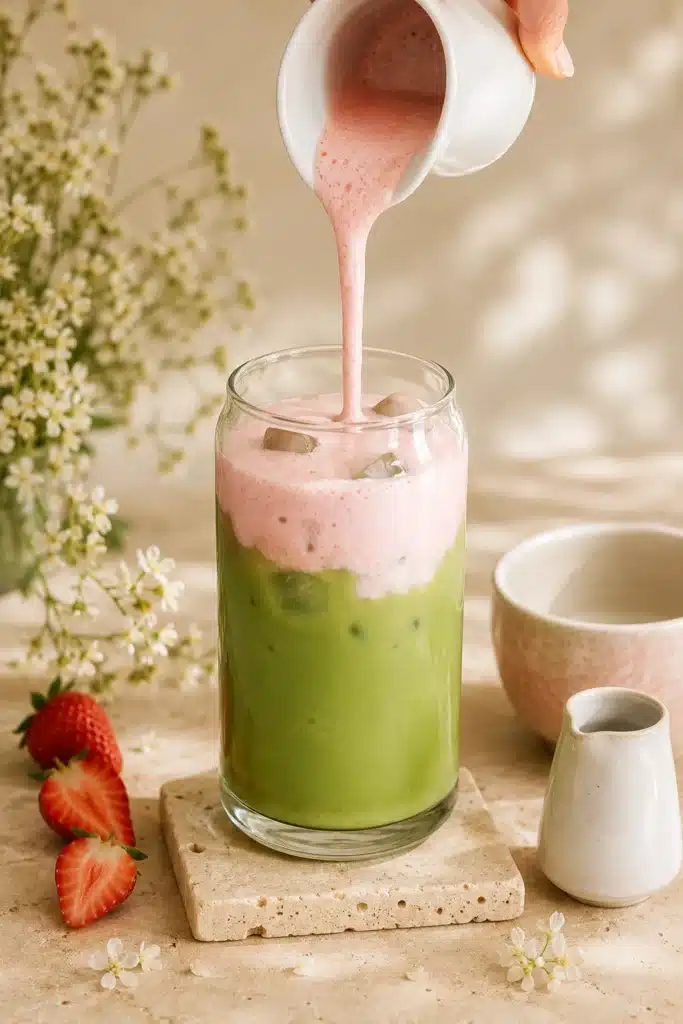 Strawberry Matcha Latte with pink strawberry cream being poured over iced matcha